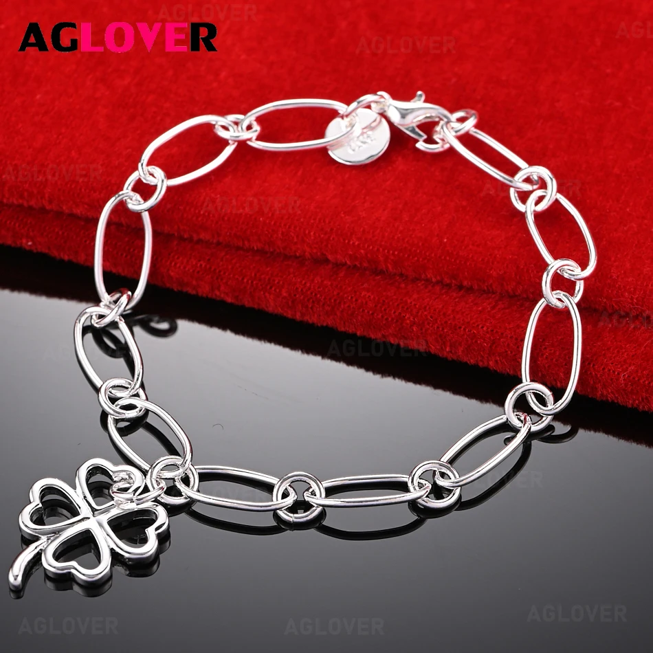 

AGLOVER 925 Sterling Silver Oval Chain Clover Pendant Bracelet Women Charm Holiday Gift Party Jewelry