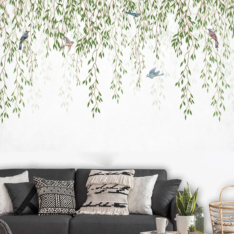 

Green Plant Willow Branch Bird Wall Sticker Bedroom Living Room Leaves Home Decoration Art Self-adhesive Decals