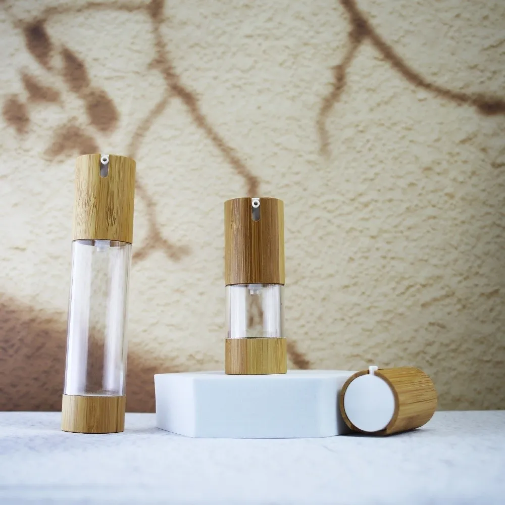 Fotografia 4: Frasco Vazio a Vácuo Sem Ar de Bambu 15ml 30ml 50ml para Loção, Frasco Cosmético Tipo Pressão para Creme de Maquiagem e Sérum