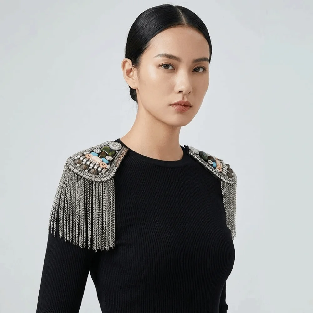 Jewelry Epaulet Tassel Chain Shoulder Board Brooch Punk Fringe Shoulder Mark Badge Breastpin Beads Epaulette Unisex