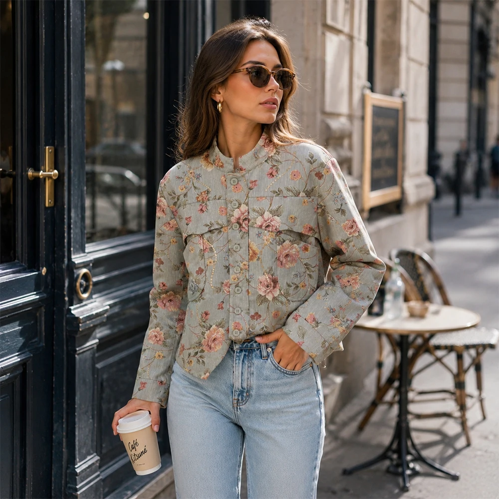 Elegant Chic Jacquard Blazers for Women New Spring & Autumn Raised Collar Buttoned Blazers with Asymmetric Hem and Patch Pockets