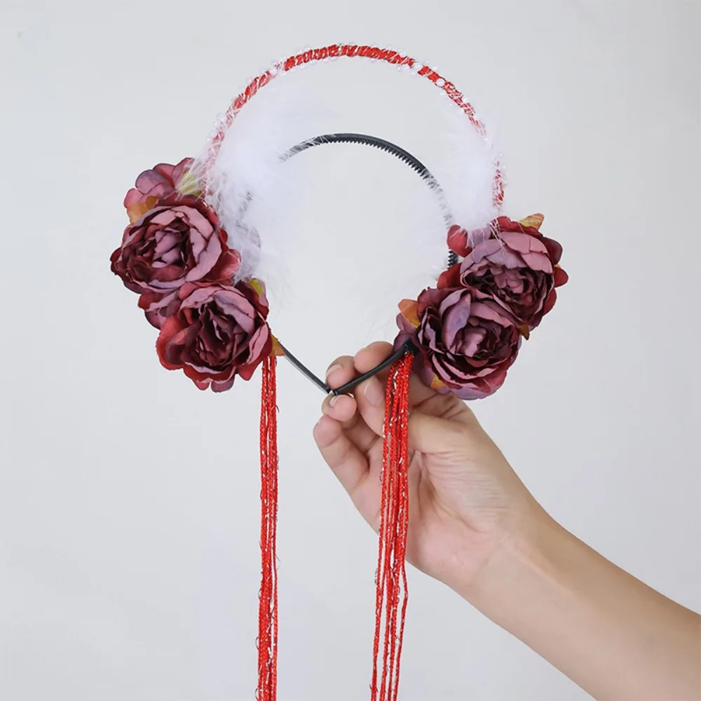 

Повязка на голову с милыми перьями и цветами, семь волшебных жемчужных кисточек, обруч для волос, бусина, древние аксессуары для волос ханьфу для девочек