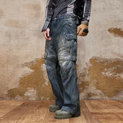 American-Style Multi-Pocket Jeans Men's Retro Nostalgic Loose Street Straight Wide Leg Hip Hop Trend Zipper Detachable Trousers