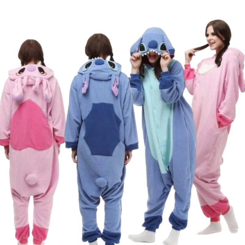 Cartoon Stitch Jumpsuit Pajama Polar Fleece Onesie Stitch Angel Cosplay Costume Men Women Plush Sleepwear Teen Home Clothing