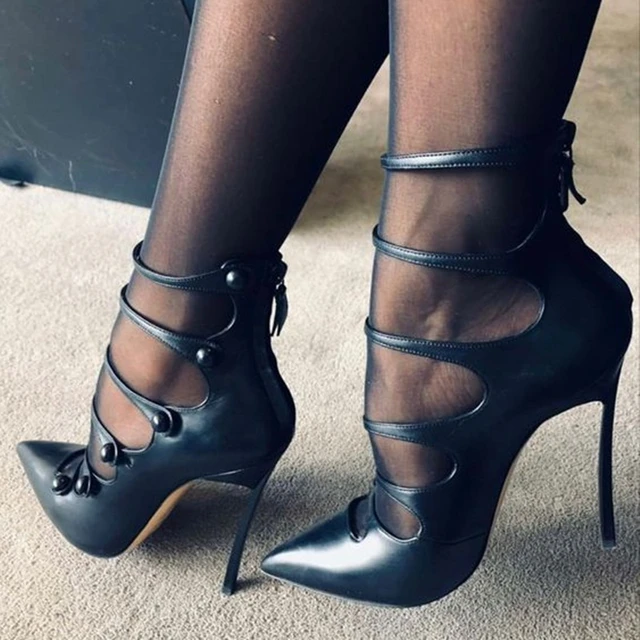 Sexy Black Buttons Strappy Sandals Pointed Toe Blade Stiletto High Heels Women Celebrating Shoes Back Zipper Party Dress Shoes AliExpress