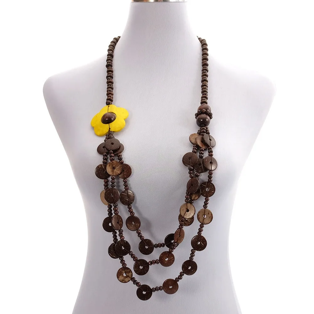 Vintage Multi Layer Bohemain Necklace Handmade Wood Long Necklace Colorful Beads Big Flower Collar Coconut Shell Pendant Women