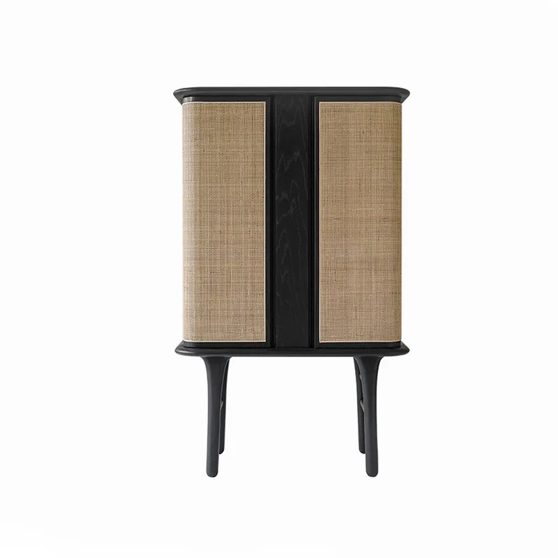 Retro rattan small vertical cabinet for storage, household dining side cabinet, solid wood, bed and breakfast wine cabinet