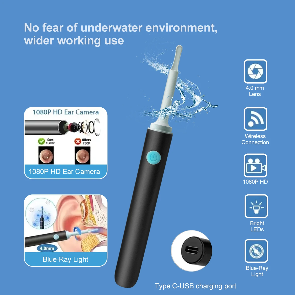 مغرفة أذن مرئية مع مجموعة أذن مكونة من 8 قطع - أداة تنظيف قنوات الأذن، أداة اختيار الأذن من ريش الأوز، مزيل الشمع