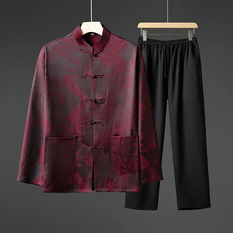 Men's Retro Hanfu Inspired Clothing Set Long Sleeve Mandarin Collar Shirt + Pants Minimalist Design Shirt With Long Bottoms
