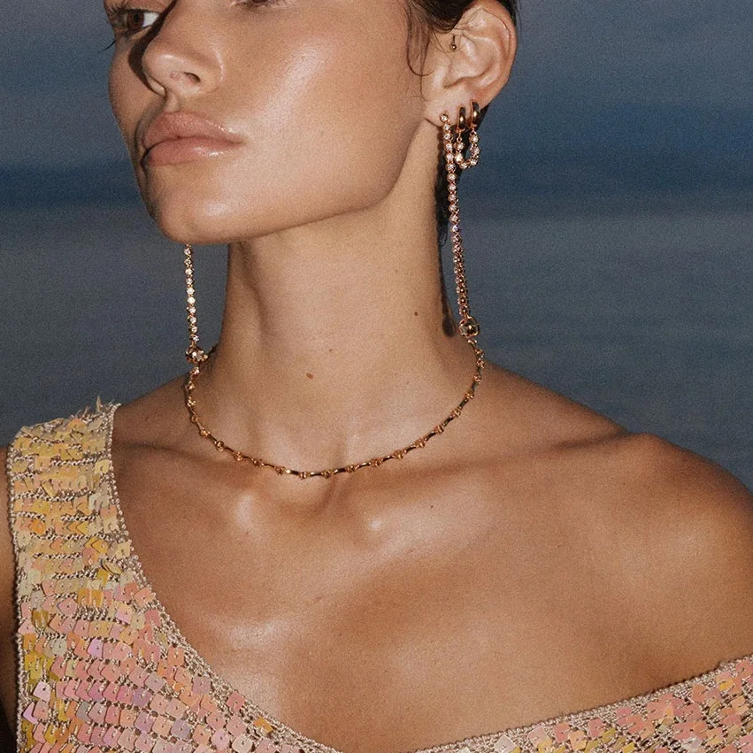 Gold Plated 2025 Fashion Women Jewelry Set Round Sparking CZ Bamboo Shaped Chain Choker Necklace Bracelet Danging Earring