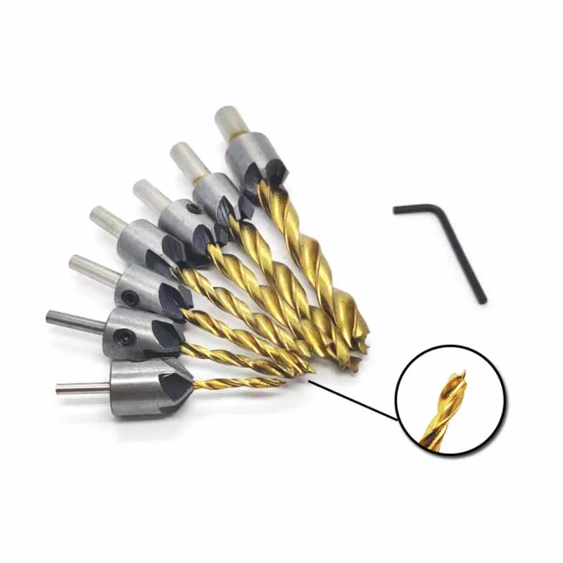 4/7PcsTitanium Plated Chamfer High carbon Steel Bit Three Point Drill Countersunk Reaming Device Woodworking Guide Bore Wood