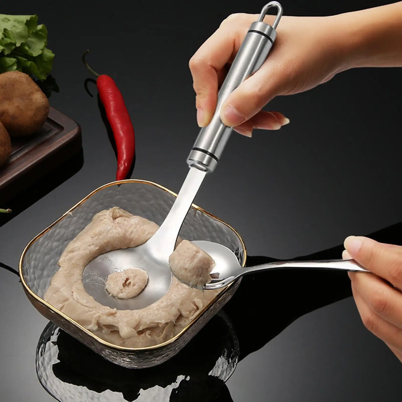 304 Stainless Steel Meatball Spoon, Kitchen Fish Ball and Shrimp Extrusion Spoon, Shrimp Paste Homemade Meatball Maker
