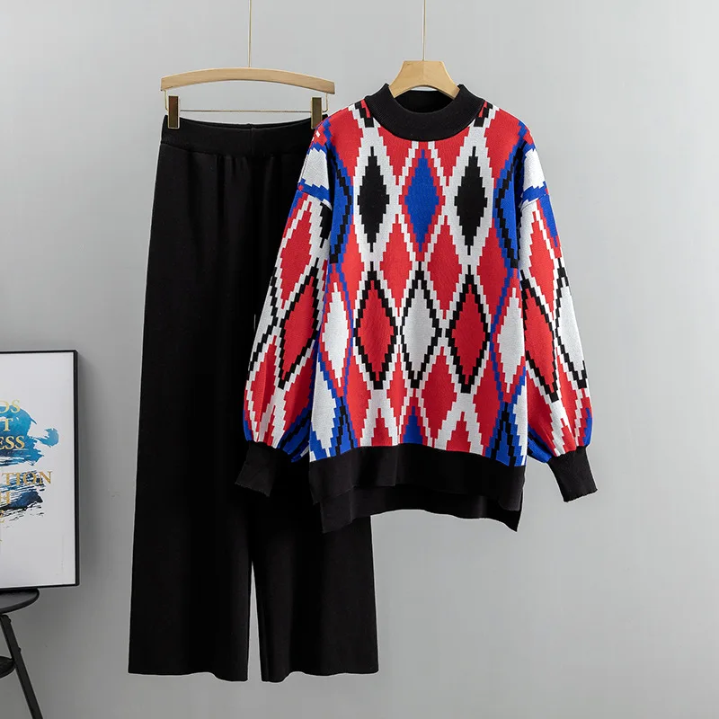 Setelan Dua Potong Kasual Fashion Wanita untuk Musim Gugur dan Musim Dingin, Sweater Lengan Panjang Longgar dengan Kerah Bulat dan Celana Kaki Lebar.