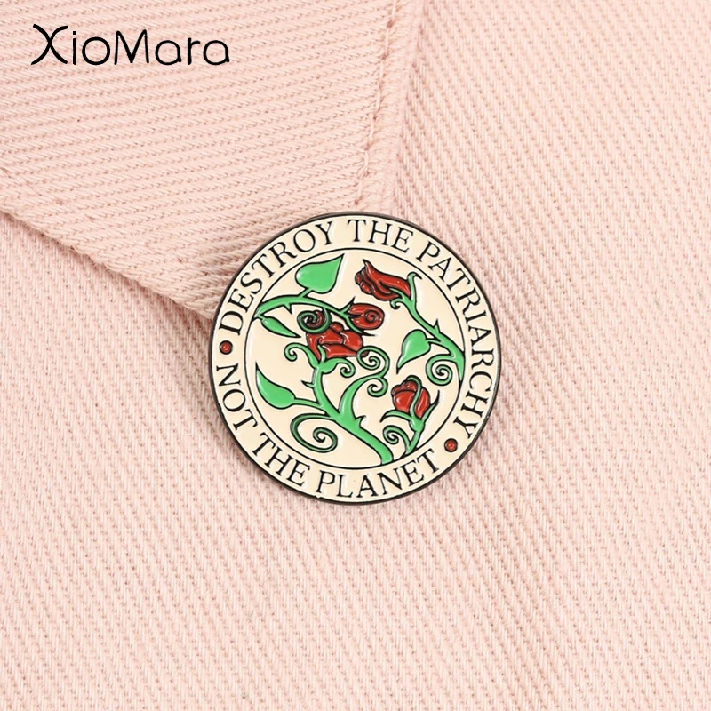 Destroy The Patriarchy Not The Planet Enamel Pin Feminist Slogan Art Nouveau Red Rose Brooch Lapel Badge Jewelry Gift for Friend