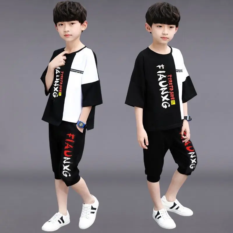 2023 summer Boys Clothes Children Set Tracksuits letters short t-shirt + Ankle-tied pants Kids Suit teens 5 7 9 10 11 12 13 Year