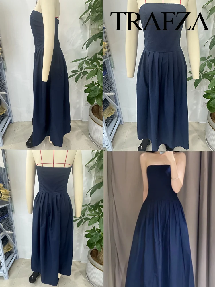 

TRAFZA Woman Summer Fashion Slim Solid Party Midi Dress Female Elegant Sexy Backless Zipper Pleated Decorate Sleeveless Dress