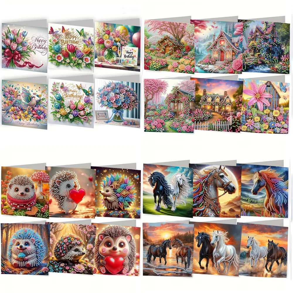 6-piece DIY Diamond Painting Set Birthday Card Set, Bouquet Pattern Design, Water Diamond Painting Art Mosaic POS