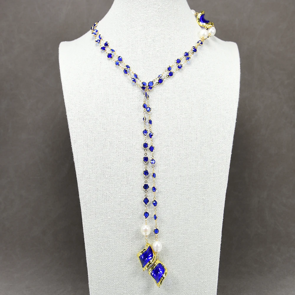 

Natural Blue Murano Glass Crystal Cultured White Rice Pearl Long Necklace Sweater chain Jewelry Gifts