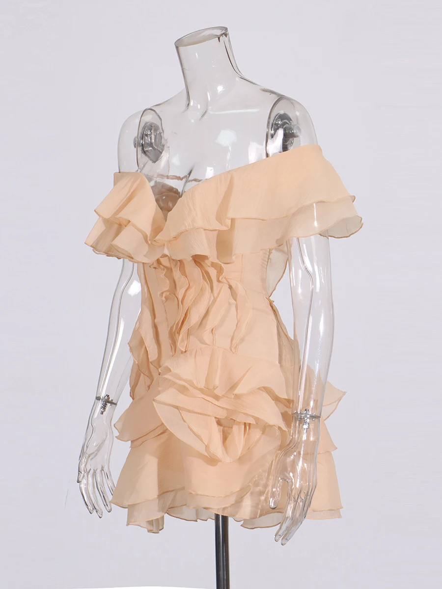 CHICEVER Sexy Spliced Ruffles Mini Dress for Women Slash Neck Off The Shoulder High Waist Temperament Club Dresses Female New