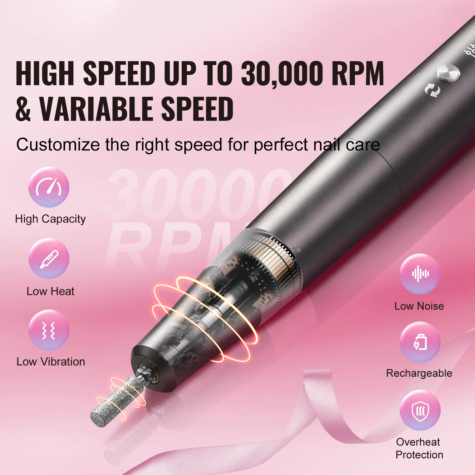 VEVOR Electric Cordless Nail Drill 30000RPM Variable-Speed Portable Manicure Pedicure Polisher for Dead Skin Remove Nail Surface