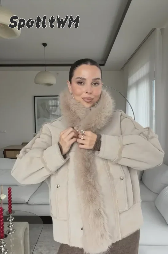 Women's Solid Color Loose Faux Fur Patchwork Jacket Casual Lapel Long Sleeved Coats 2026 Autumn Chic Lady Street Daily Outfit