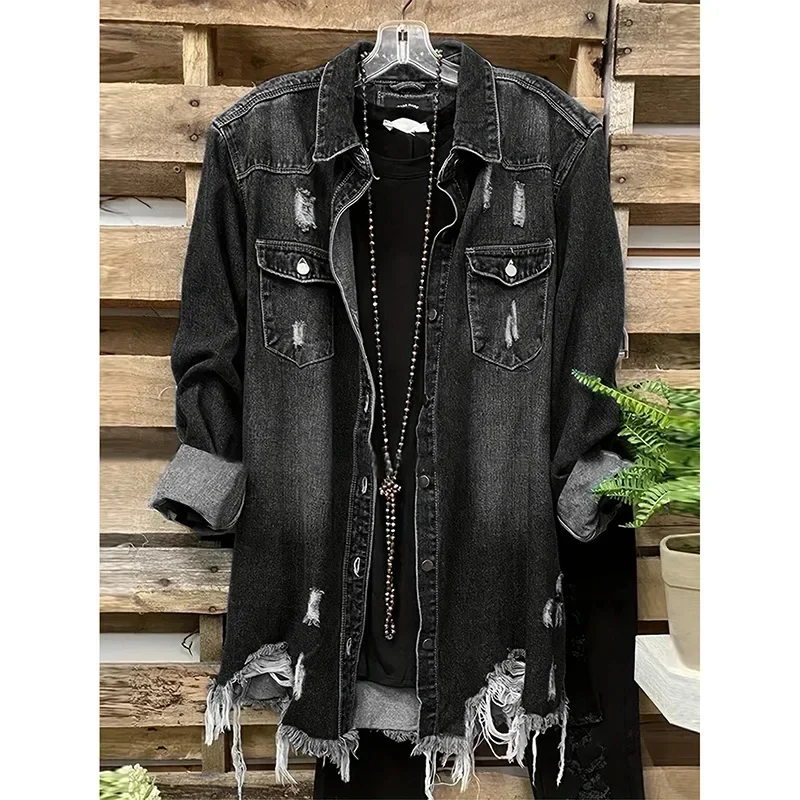 

Всесезонные женские ковбойские пальто, куртки, удобная повседневная перфорированная свободная однобортная женская одежда с лацканами