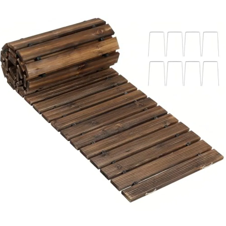

8FT Wooden Garden Pathway, Outdoor Roll Out Decorative Straight Walkway with 8 Stakes, Weather-Resistant and Non-Slip Pavers Bo