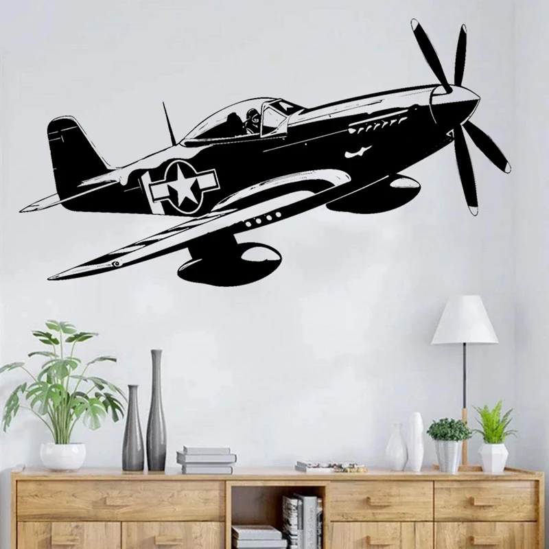P-51 Fighter Plane Silhouette Wall Decal War And Military Aircraft Sticker For Room Bedroom Car Decoration Vinyl Stickers Gift