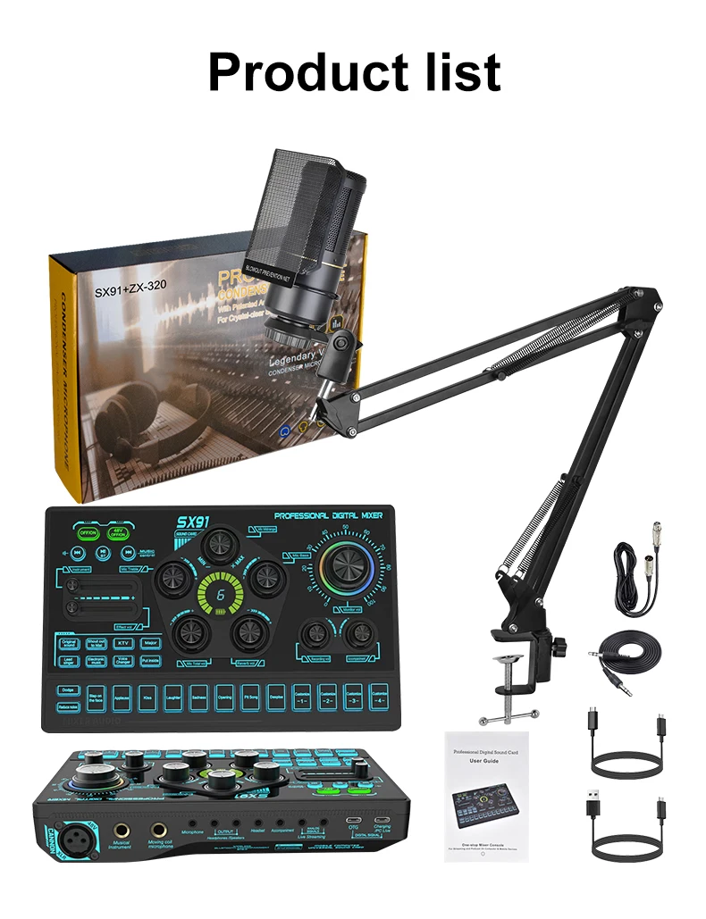 External Music RGB Lighting Wired 2 MIC 2 Phones Interface Audio Studio Sound Card Recording Microphone