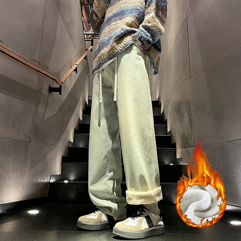 

Мужские новые осенне-зимние свободные прямые джинсы, мужские повседневные утолщенные джинсовые брюки на флисовой подкладке, уличные брюки с эластичной резинкой на талии