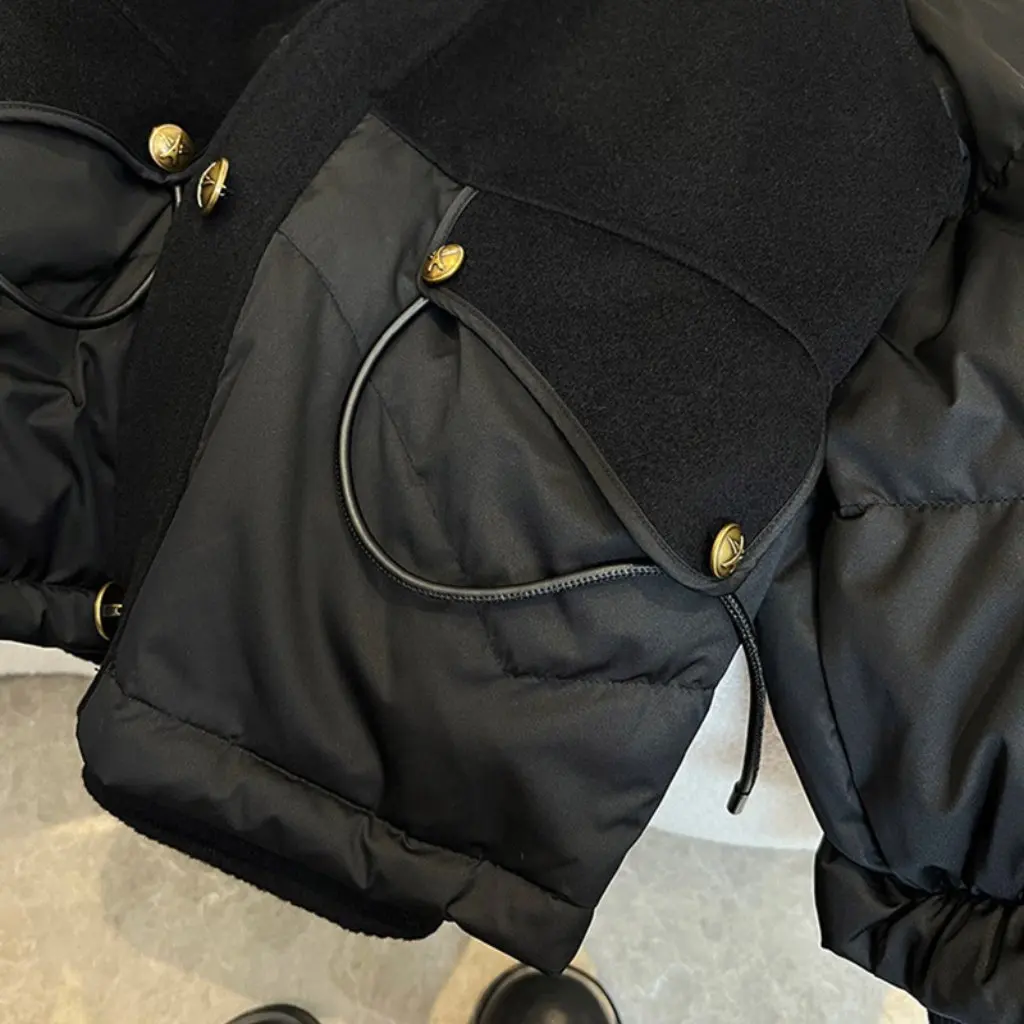 

plus Size Women's Black Quilted Jacket Elegant Style Cotton-Padded Winter Coat for Chubby Girls with Advanced Collar