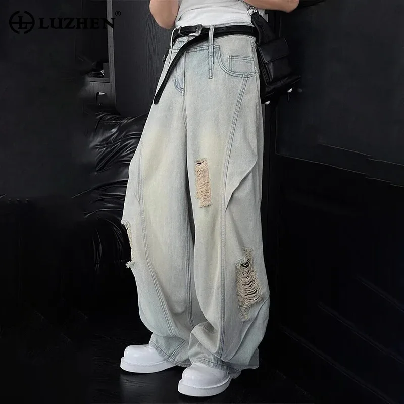 

LUZHEN Trendy Wornout Patched Design Vintage Loose Denim Pants Men's 2025 New Fashion Streetwear Wide Leg Straight Jeans JY2113