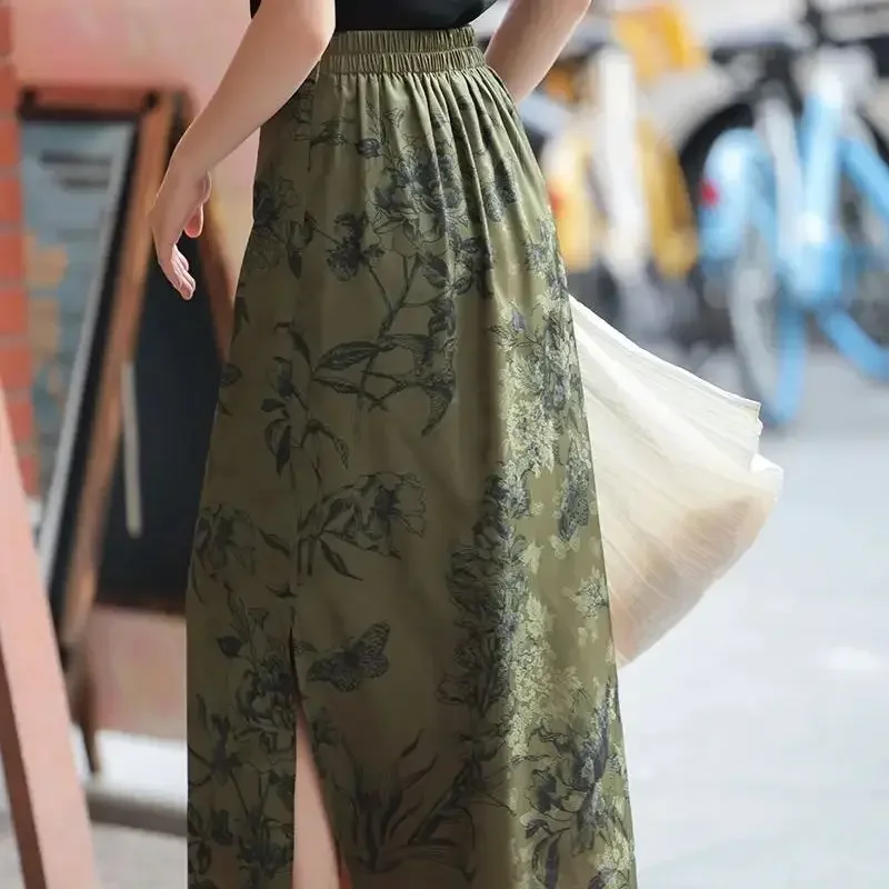 ฤดูร้อนใหม่ซาตินกระโปรงผู้หญิงวินเทจจีนพิมพ์สูงเอว Slim ห่อสะโพกแยกกระโปรงยาวหรูหราเสื้อผ้าแฟชั่น