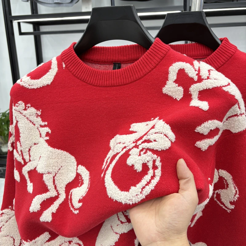 

2026 Новый модный брендовый осенне-зимний красный свитер с круглым вырезом, мужской ленивый стиль, модный теплый шерстяной свитер в стиле ретро