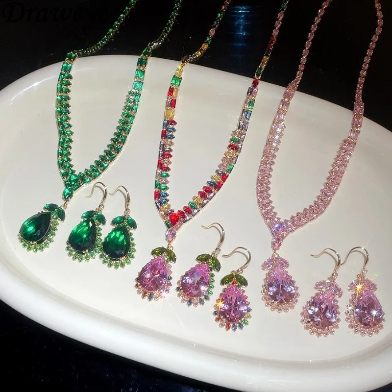 

Draweye Rhinestones Jewelry Sets Water Drop Exquisite Dinner Party Elegant Earrings for Women Sparkling Retro Aretes De Mujer