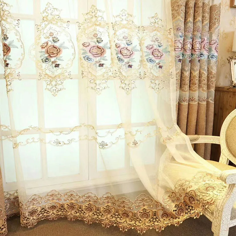 Luxurious Beige Peony Embroidery Curtains for Living Room Semi-Blackout Curtains for Bedroom Villa Hotel Decoration M258#40