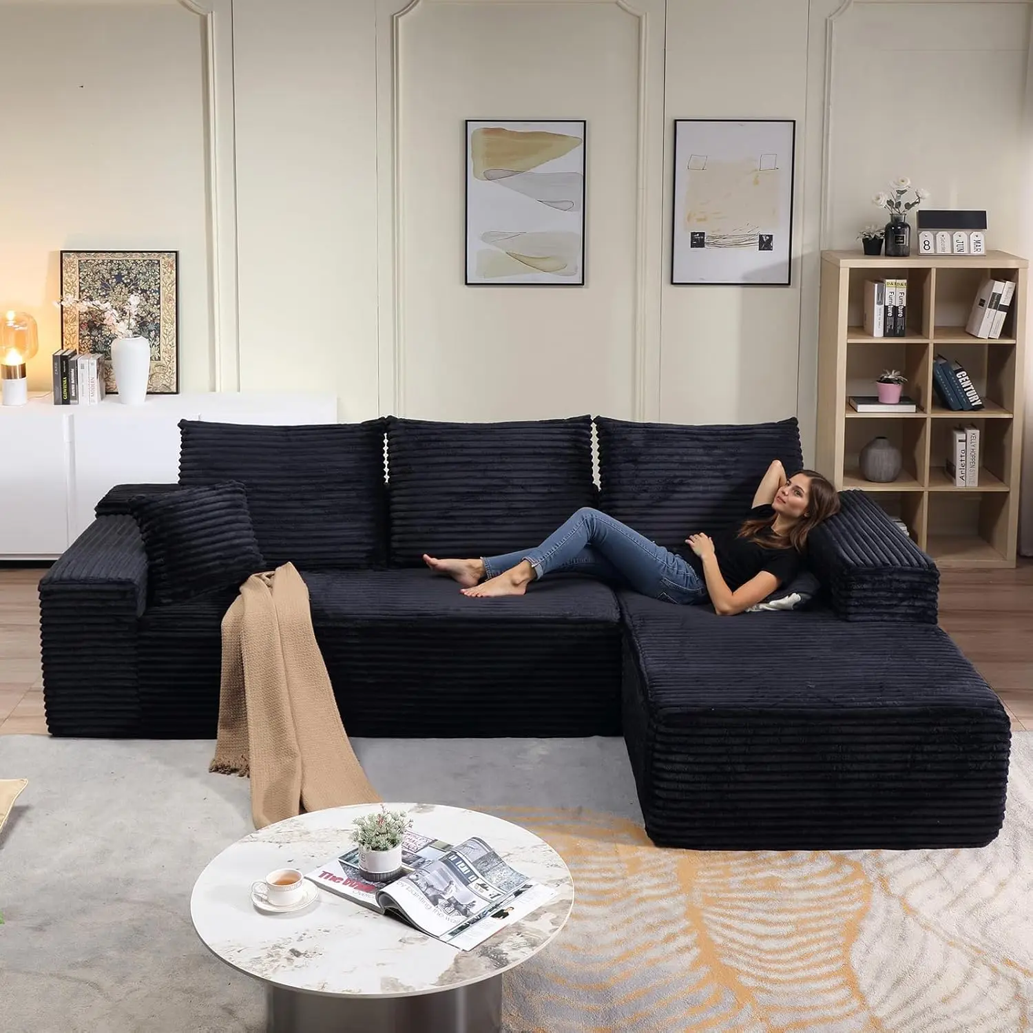 Modular Sectional Couch, Cloud-L Shaped with Chaise, Corduroy Deep Seat, Memory Foam, No Assembly, Black