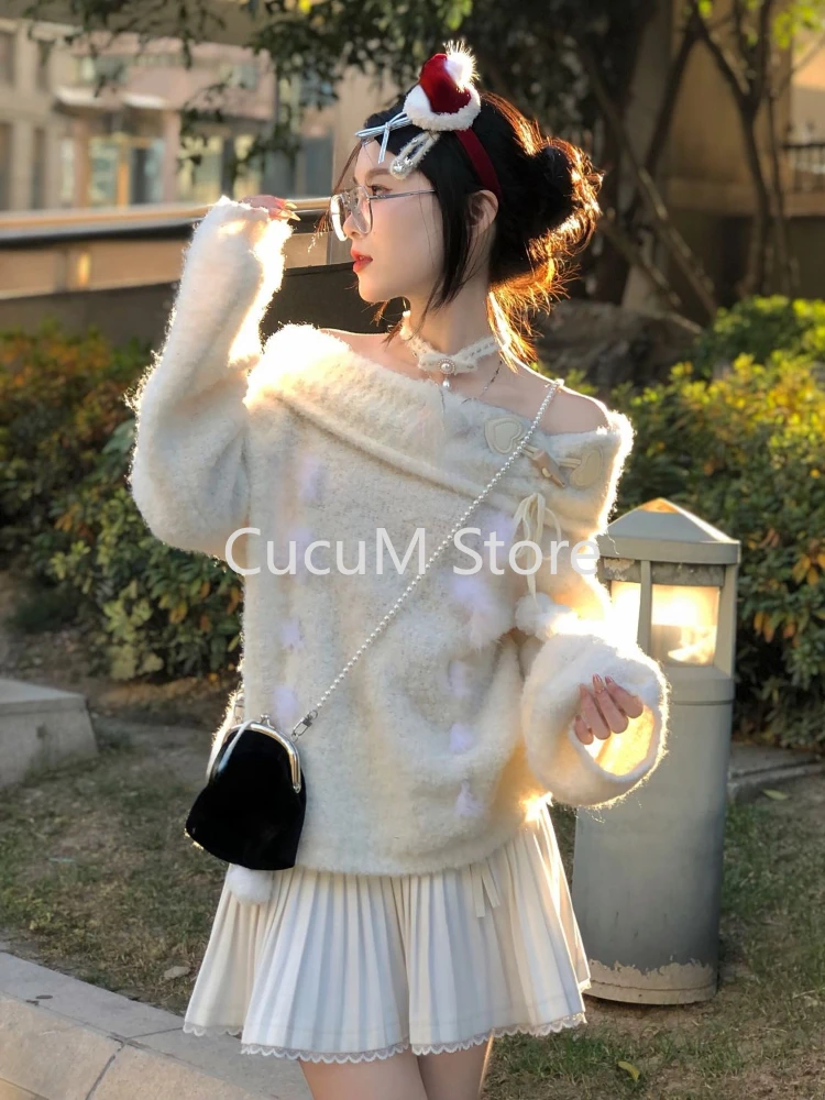 2000s Harajuku Kawaiii Sweet Y2k Pullovers Off Shoulder Elegant Knitted Sweaters Casual Cute Korean Fashion Jumpers Tops Woman