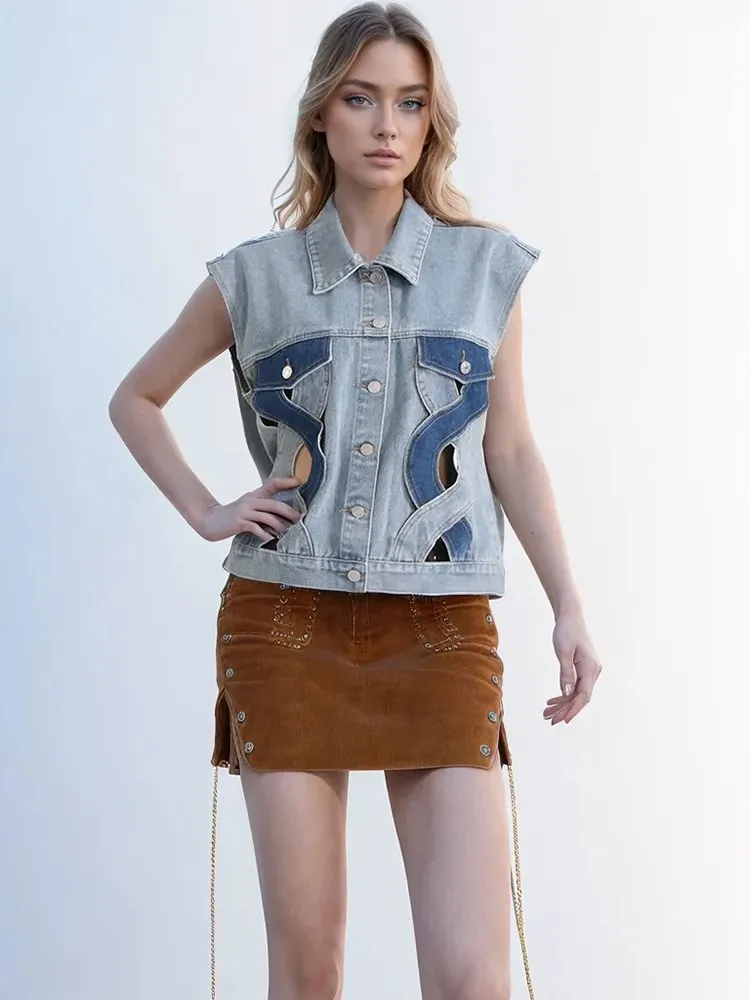 ECR Hollow Out Colorblock Denim Waistcoats For Women Lapel Sleeveless Spliced Buttons Loose Casual Vests Female Fashion Style