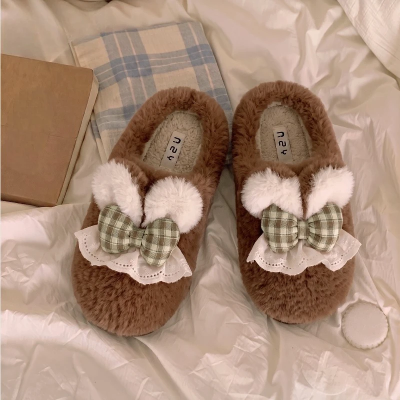 Cartoon Bow Cotton Slippers Women Versatile New Autumn Winter Indoor Home Plush Cute Cotton Slippers Accessories Wholesale Gifts