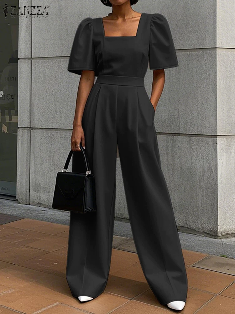 ZANZEA Plus Size Womens Fashion Jumpsuits Streetwear Elegant Square Neck Short Sleeve Fitted Waist Solid Wide Leg Pants Overalls