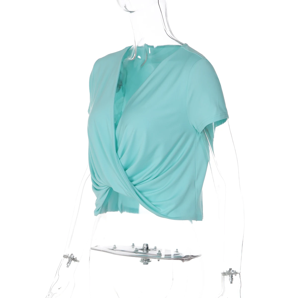 Hugcitar Damenmode, tiefer V-Ausschnitt, einfarbig, kurzärmelig, gerüscht, sexy Crop-T-Shirt, Top, Sommer, Strandurlaub, weibliches Outfit – Detail 3