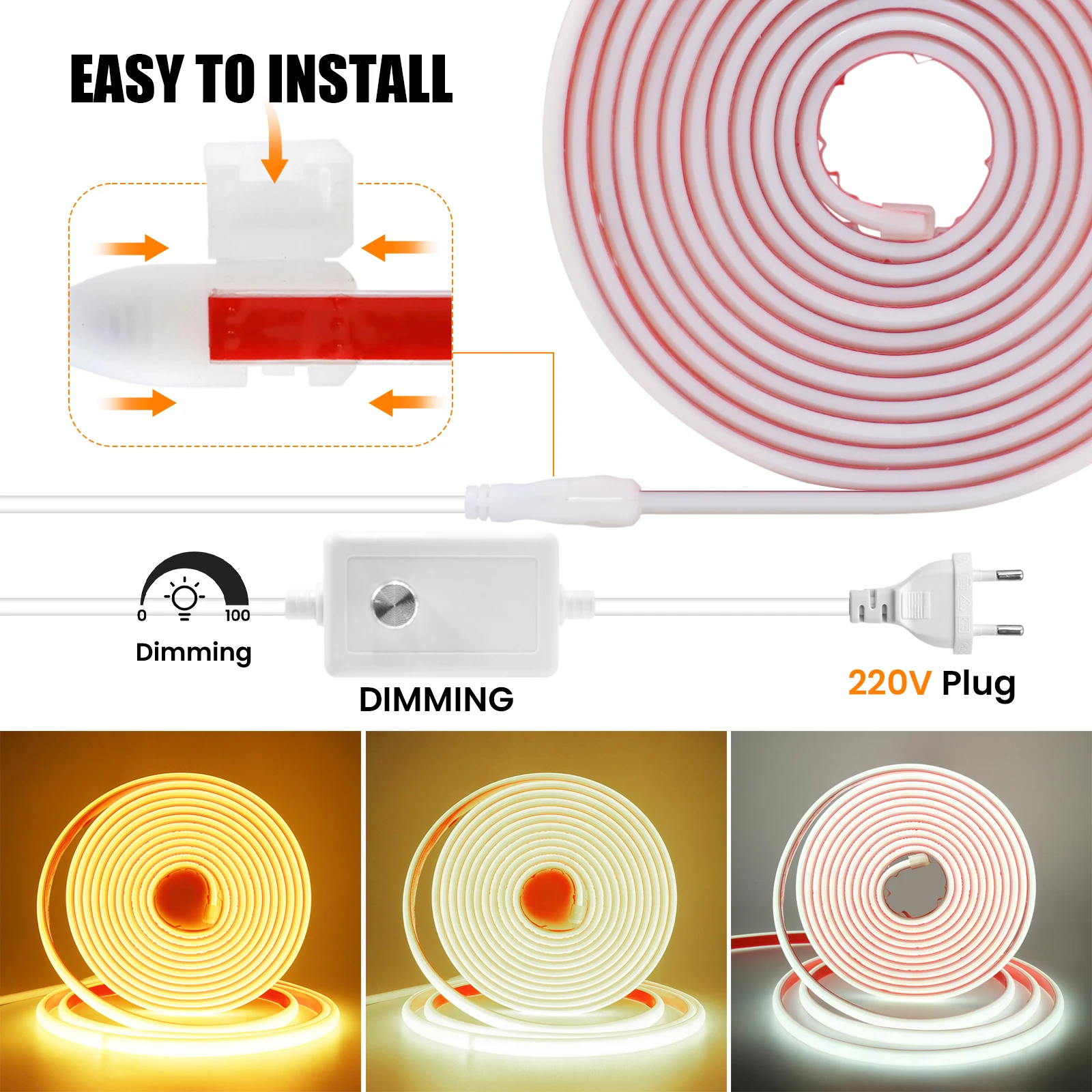 Tira de luces LED COB de neón, cinta adhesiva de 220V y 240V, 288LED/M, resistente al agua IP67, Flexible, FOB, iluminación de cocina