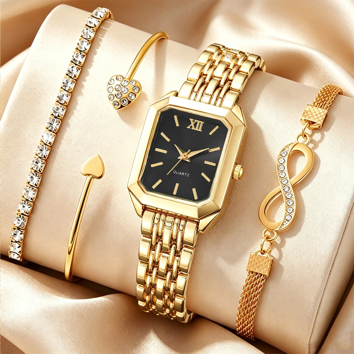 4PCS Elegant Rectangle Women Watches Rhinestone Bracelet Bangle Set Ladies Quartz Wristwatch Relogio Feminino (Without Box)