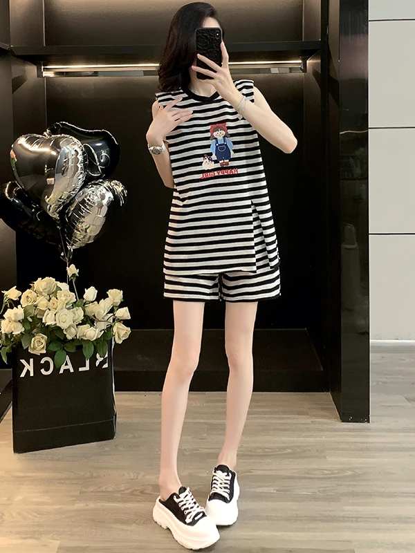 

Chic Anti-Aging Casual Sportswear Set Women Summer Cute Stripe Sleeveless Top Shorts Two-Piece Set round Neck Short Pants