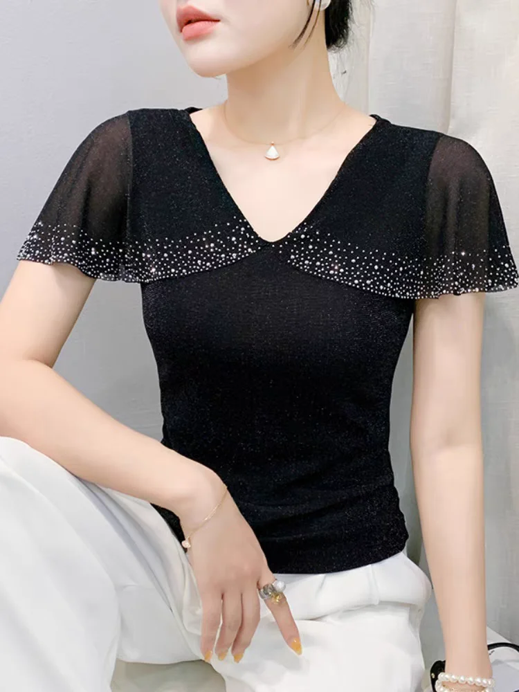 Sommer Top Frauen Gepatcht Rüschen Kurzarm Mesh V-ausschnitt Hohe Stretch Dünne T-shirts Weibliche Leichte Tanzen Tees