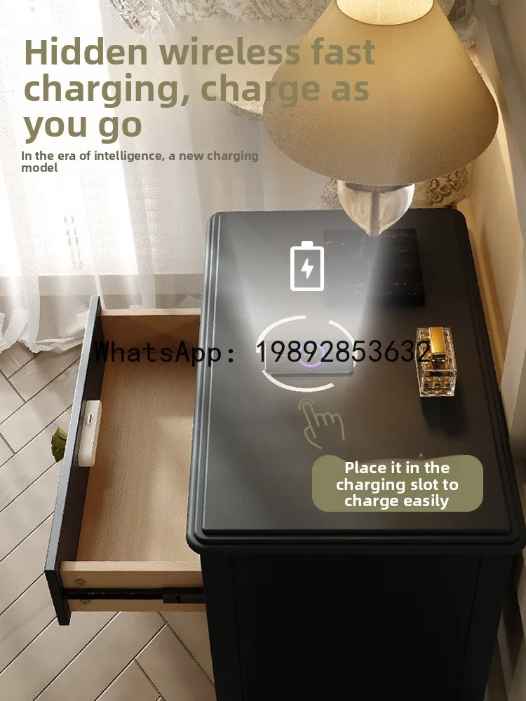 YFY Smart Bedside Table Wireless Charging Hidden Lock American Retro Solid Wood Storage Cabinet Home Multi-Functional