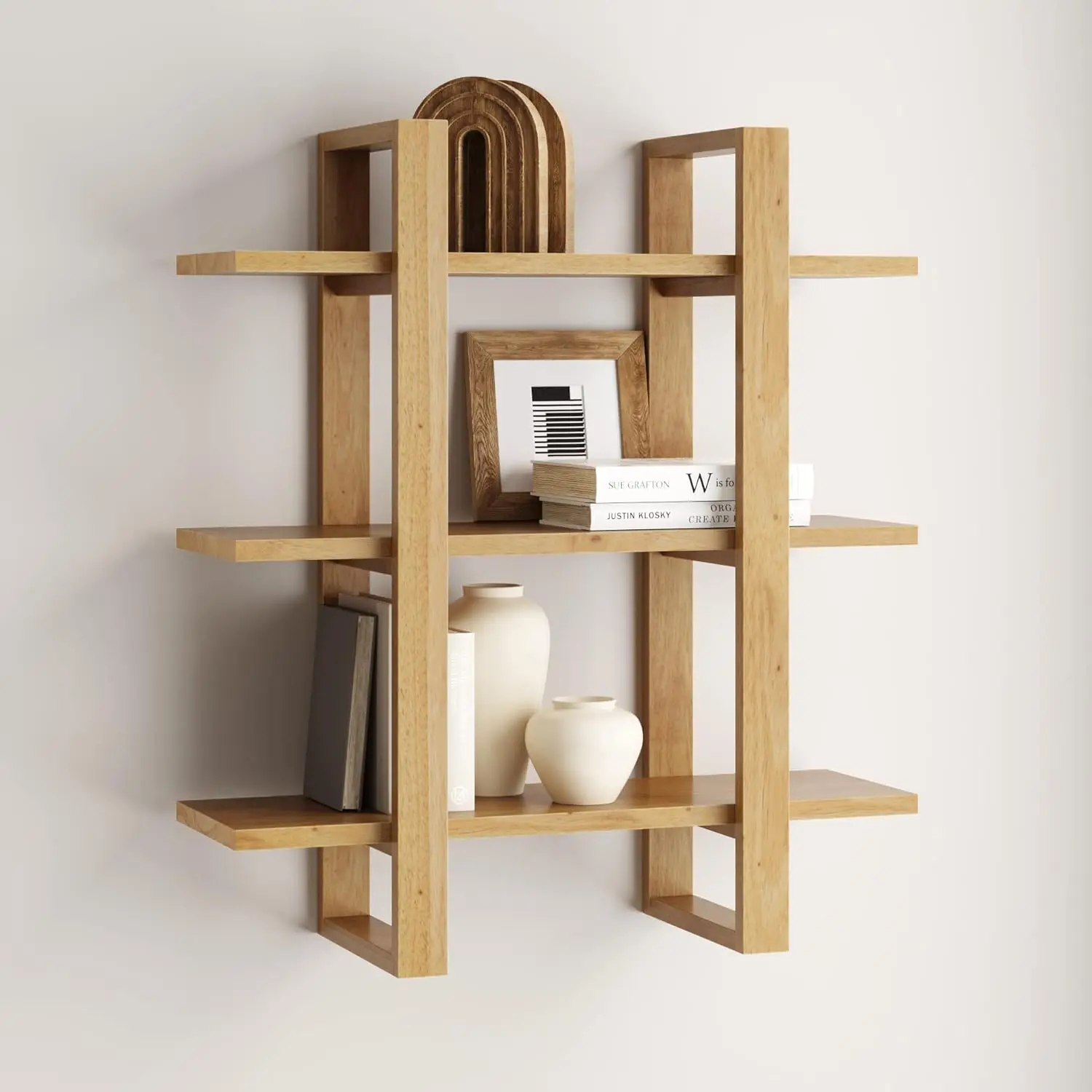 

Floating Wall Book Shelves, 3-Tier Display Shelf, Decorative Modular Shelf in Solid Wood for Bedroom, Nursery, Bathroom, Kitchen