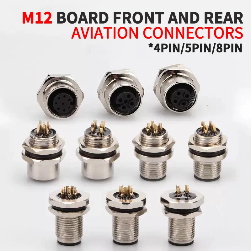 M12 male and female socket  4 5  8  pins weld IP67/68 Install front/rear panel waterproof circular connectors