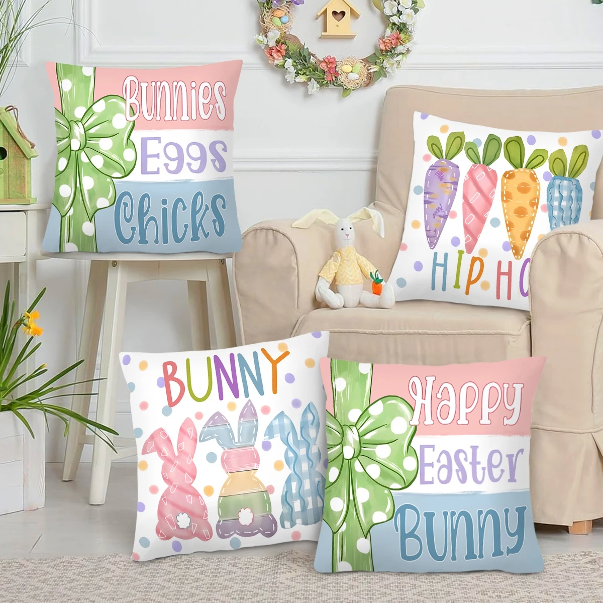 4pcs Happy Easter Cushion Cover Cute Bunny Eggs Pillow Cover Easter Rabbit Pillowcase Home Decorative 2025 Throw Pillow Case